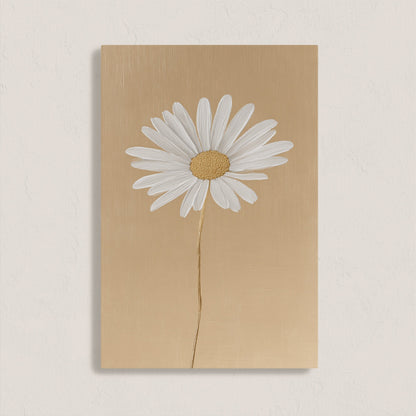 'Bloom' canvas print featuring a single white daisy on a golden-beige background, archival-quality gallery wrapped artwork.