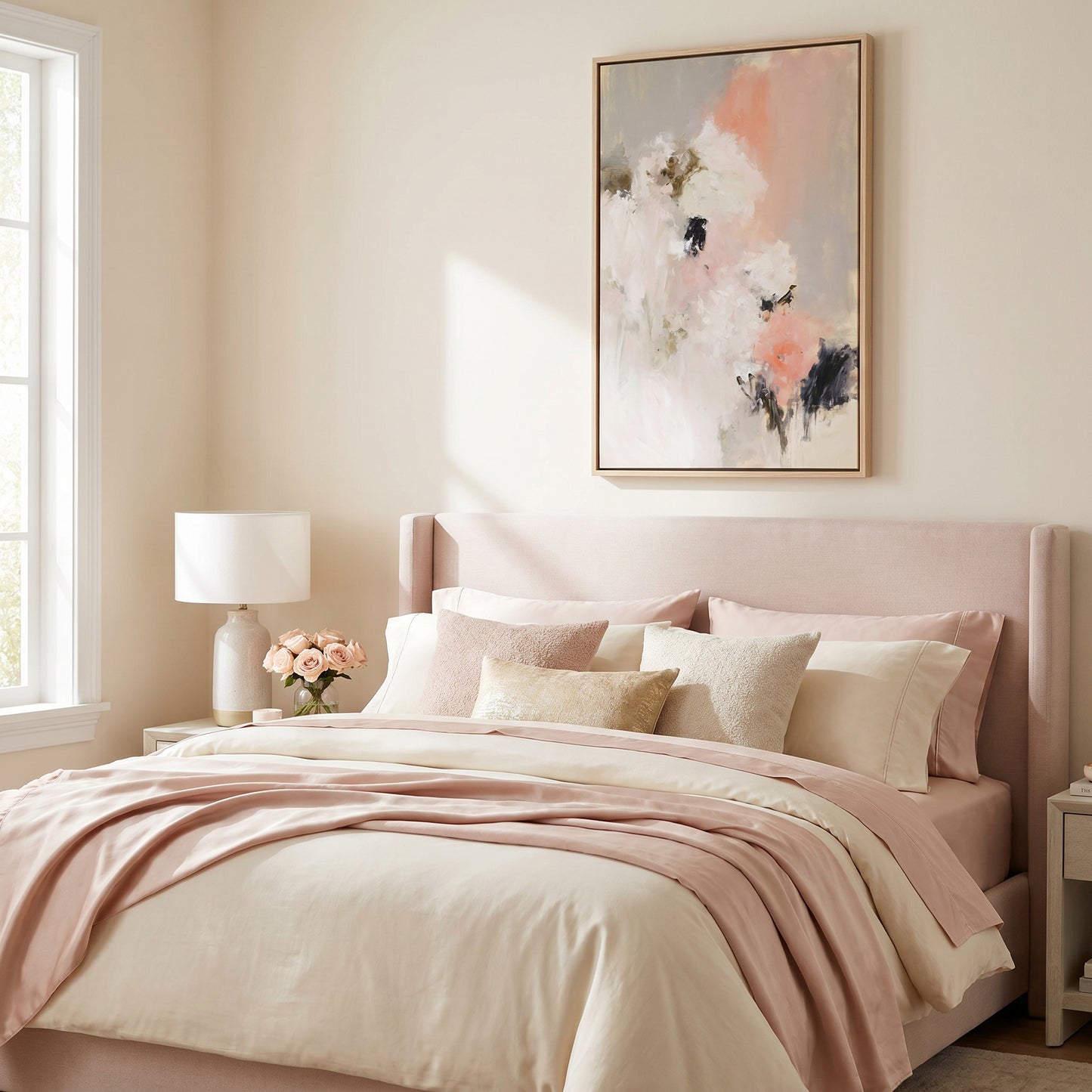 a serene and cozy bedroom with a large bed adorned with a pink and white bedspread and pillows. A framed abstract painting hangs above the bed, adding an artistic touch to the space. A lamp is placed on a side table next to the bed, providing additional lighting. The room has a window that allows natural light to enter, creating a warm and inviting atmosphere.