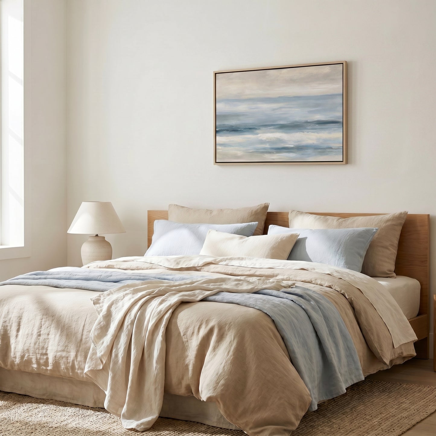 a serene and cozy bedroom with a large bed adorned with a beige comforter and blue throw blanket. Above the bed, a framed painting of a tranquil ocean scene hangs on the wall, adding a touch of nature to the room. The room is well-lit, with a lamp on a side table providing soft lighting, creating a warm and inviting atmosphere.