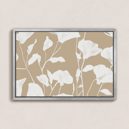 Driftleaf Canvas Print with white floral silhouettes on beige background in a light wood frame