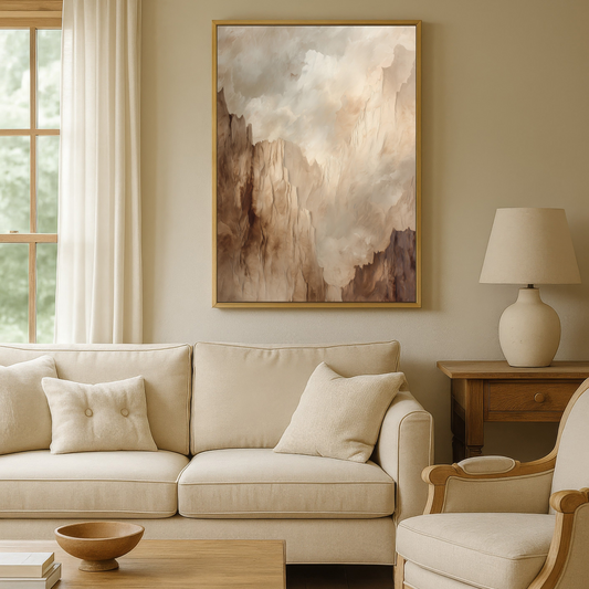 a cozy living room with a large window, a beige sofa, a wooden coffee table, and a framed artwork hanging on the wall.