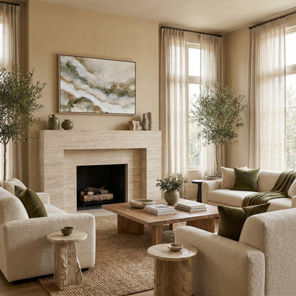 a spacious and well-decorated living room with a fireplace, comfortable seating, and a large window providing natural light.