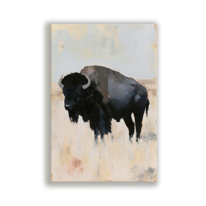 a large black buffalo standing in a field.