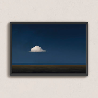 Nimbus Canvas Print featuring a solitary white cloud over a dark blue horizon, framed in black for modern and minimal interiors.