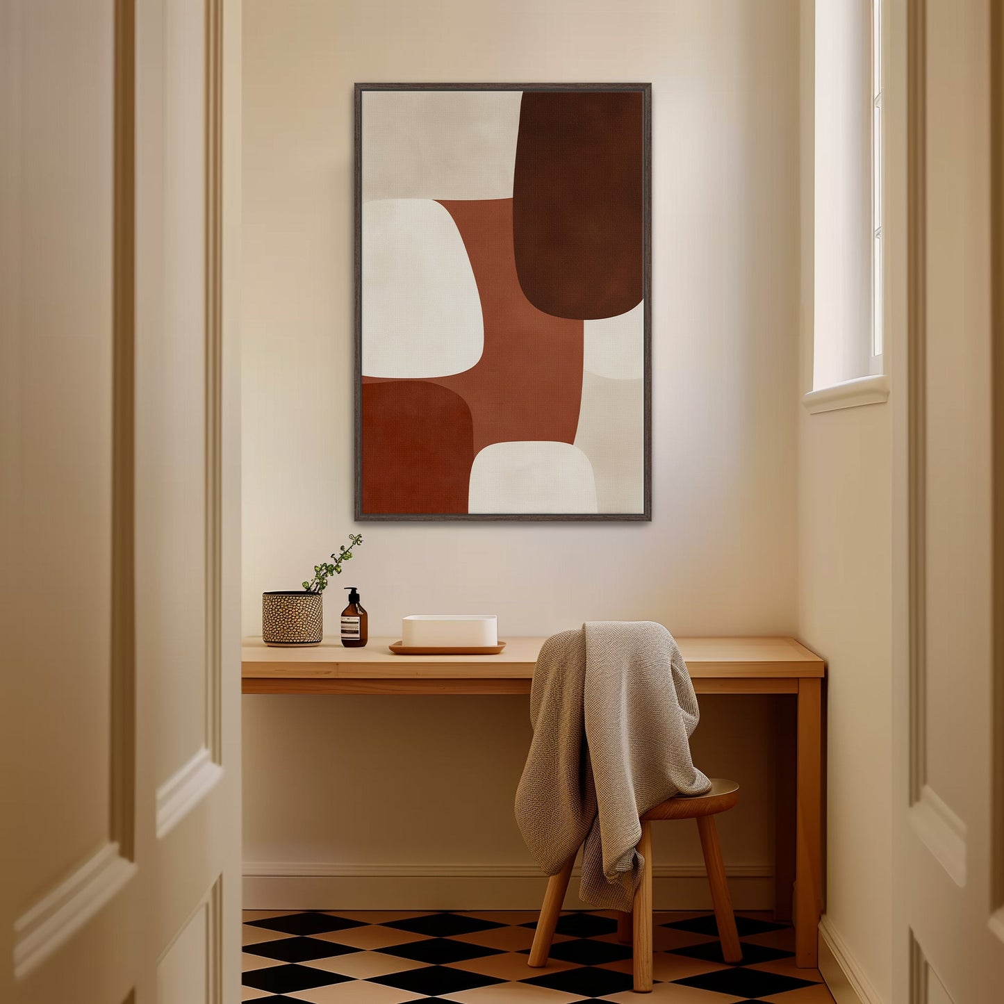 Abstract earthy Formation Canvas Print in sienna, ivory, and espresso tones framed above wooden desk in minimalist room