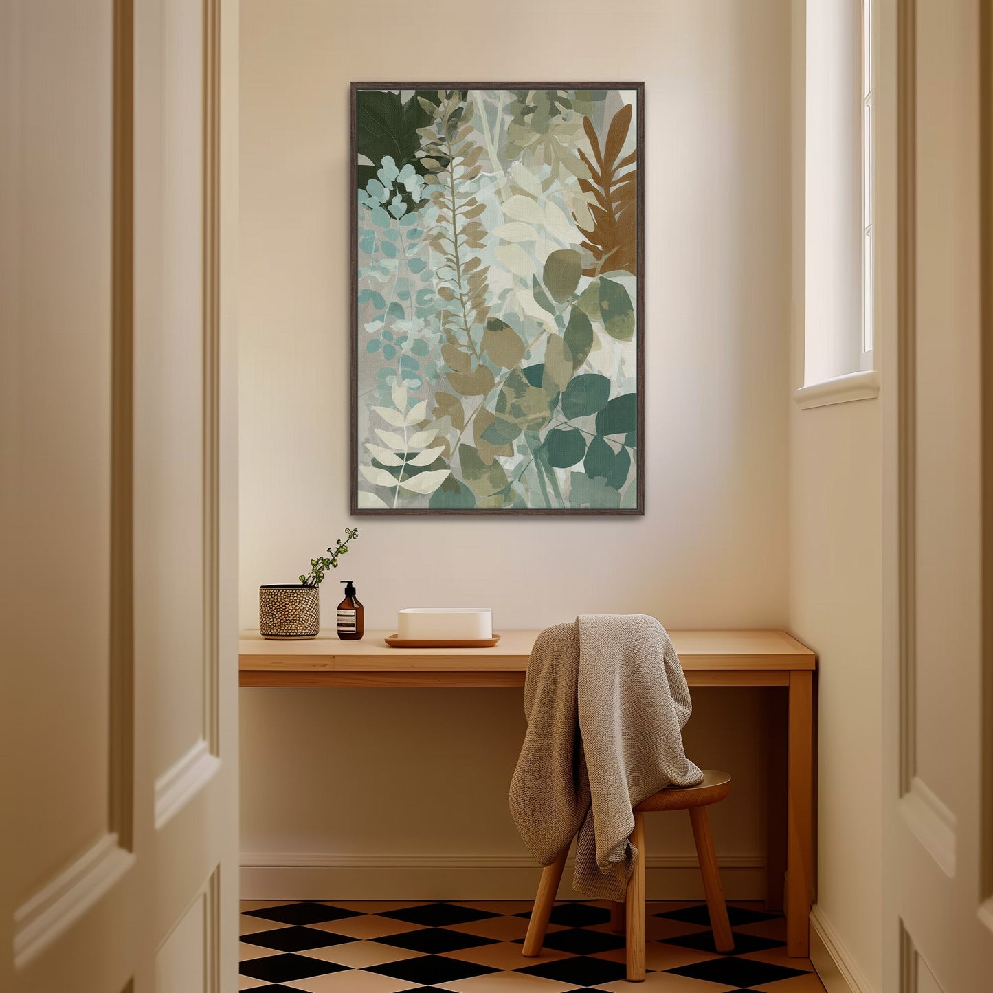 Herba Canvas Print botanical art in sage, sea-green, and beige tones framed in modern interior setting