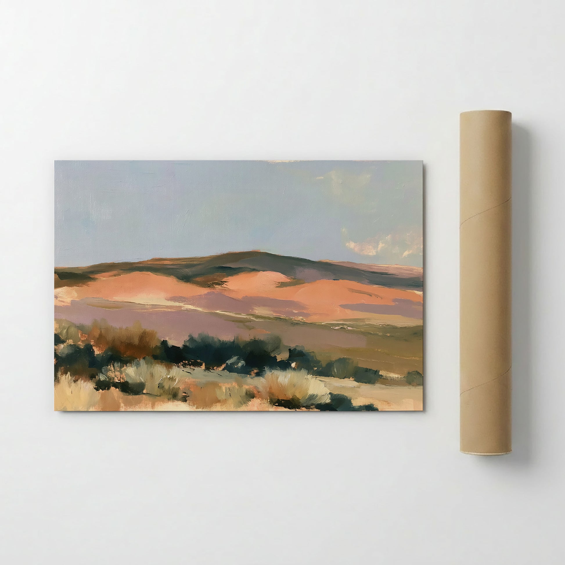 The image is a painting of a landscape depicting a mountainous terrain with a hazy blue sky.