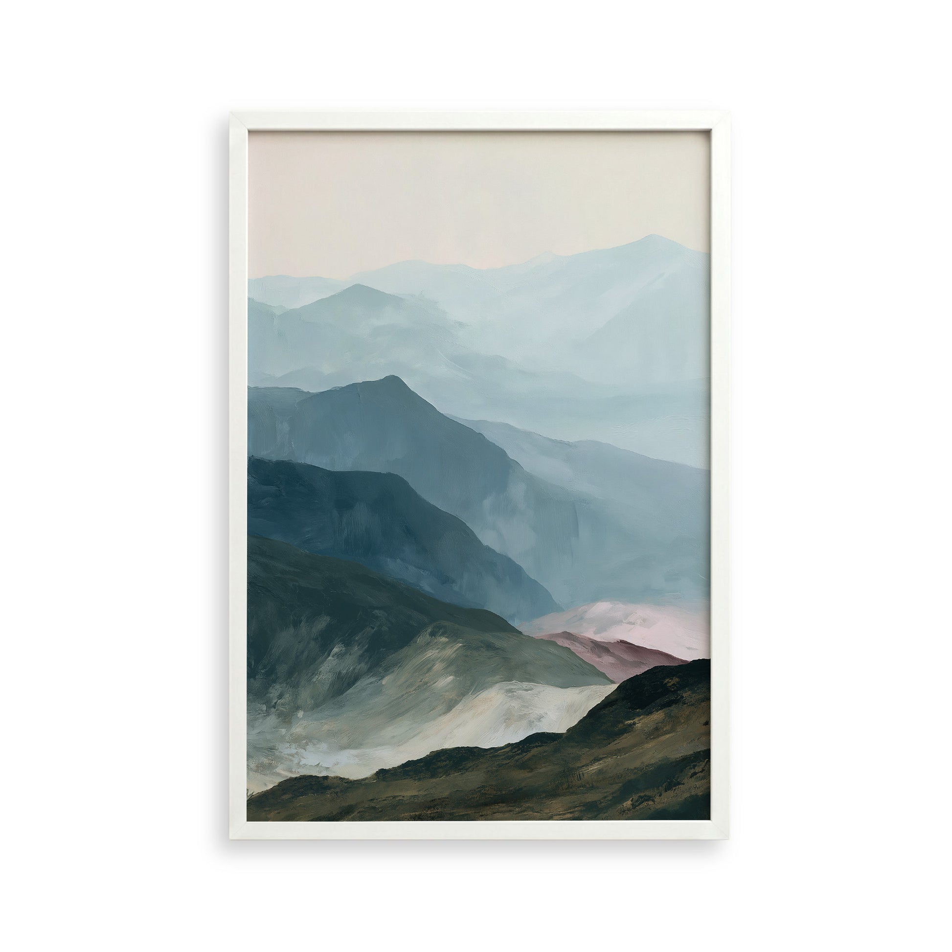 a serene landscape with a mountain range in the background, featuring a blend of green, blue, and gray tones.
