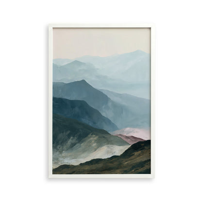 a serene landscape with a mountain range in the background, featuring a blend of green, blue, and gray tones.