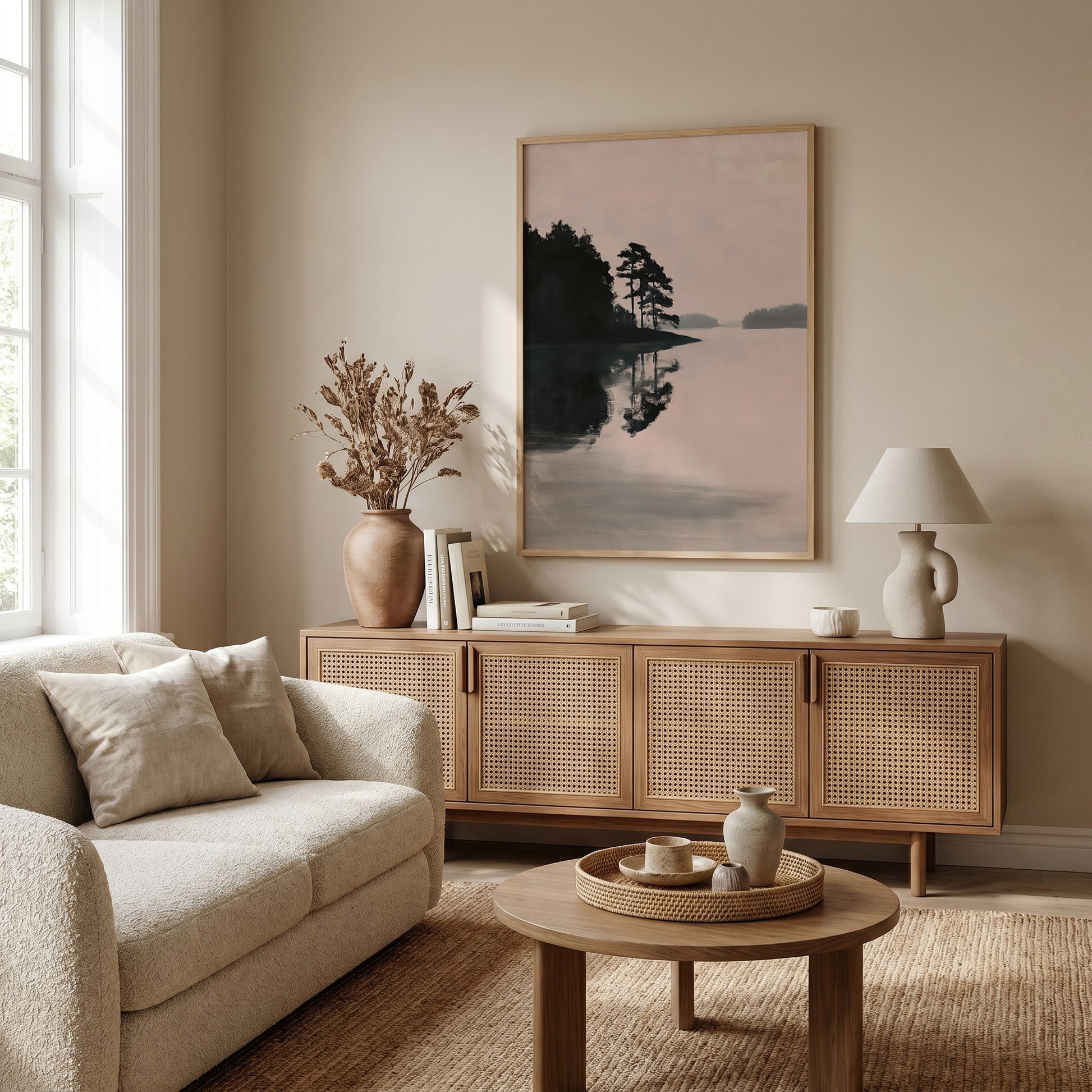 a serene living room with a large framed picture of a lake and trees hanging on the wall, a beige sofa, a wooden sideboard, and a round coffee table with a vase and other decorative items.
