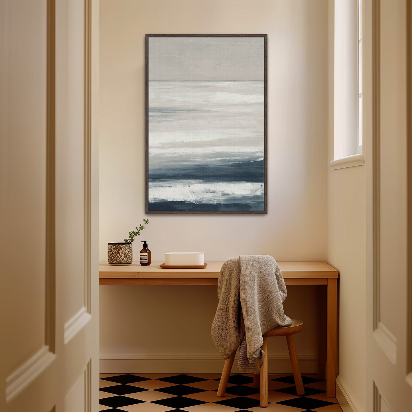 Syd Canvas Print with soft ivory, sand, and indigo coastal waves in a minimalist room