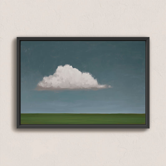 Eave Canvas Print featuring a single cloud above a green horizon in a black frame, modern minimalist wall art.