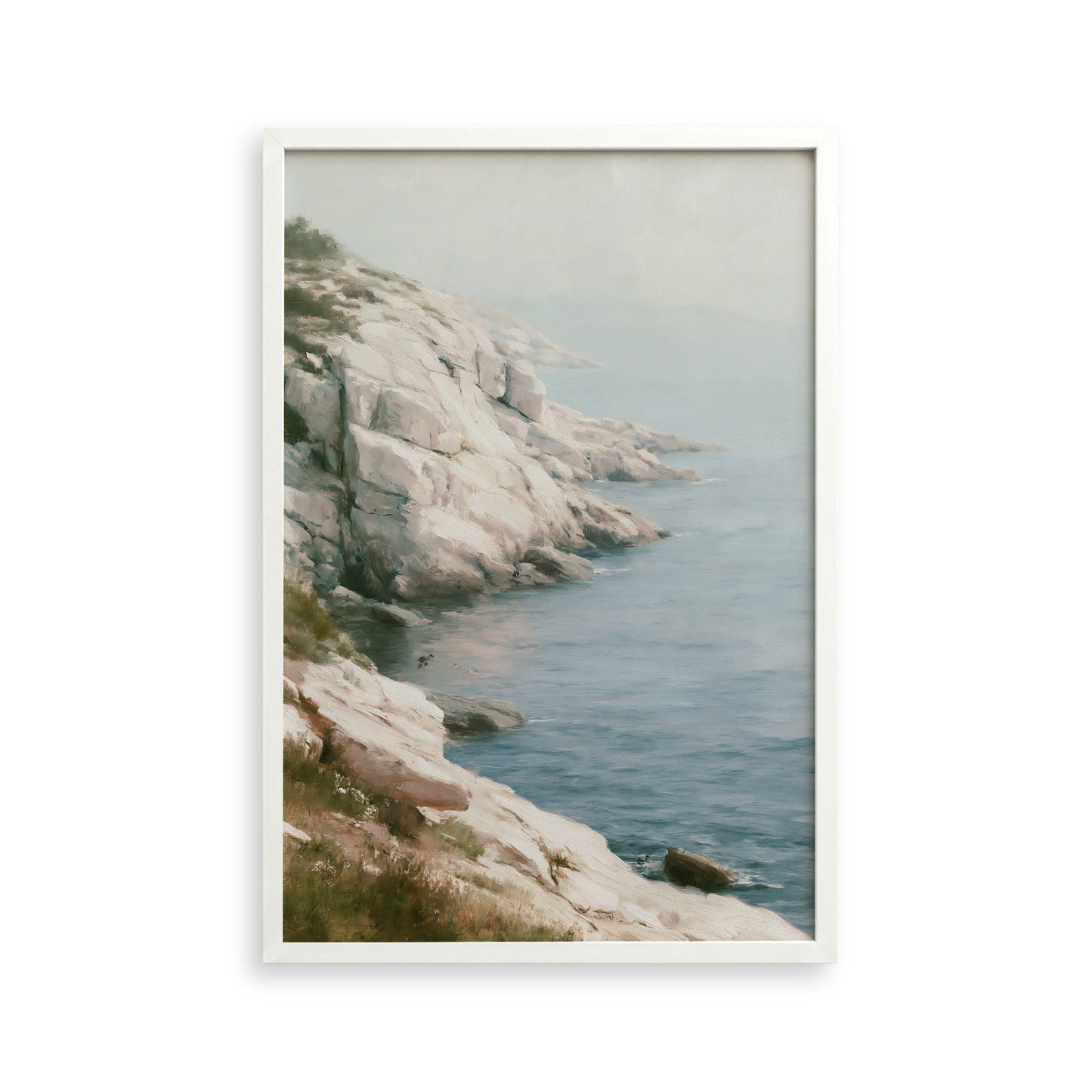 a rocky coastline with a calm, blue ocean in the background.