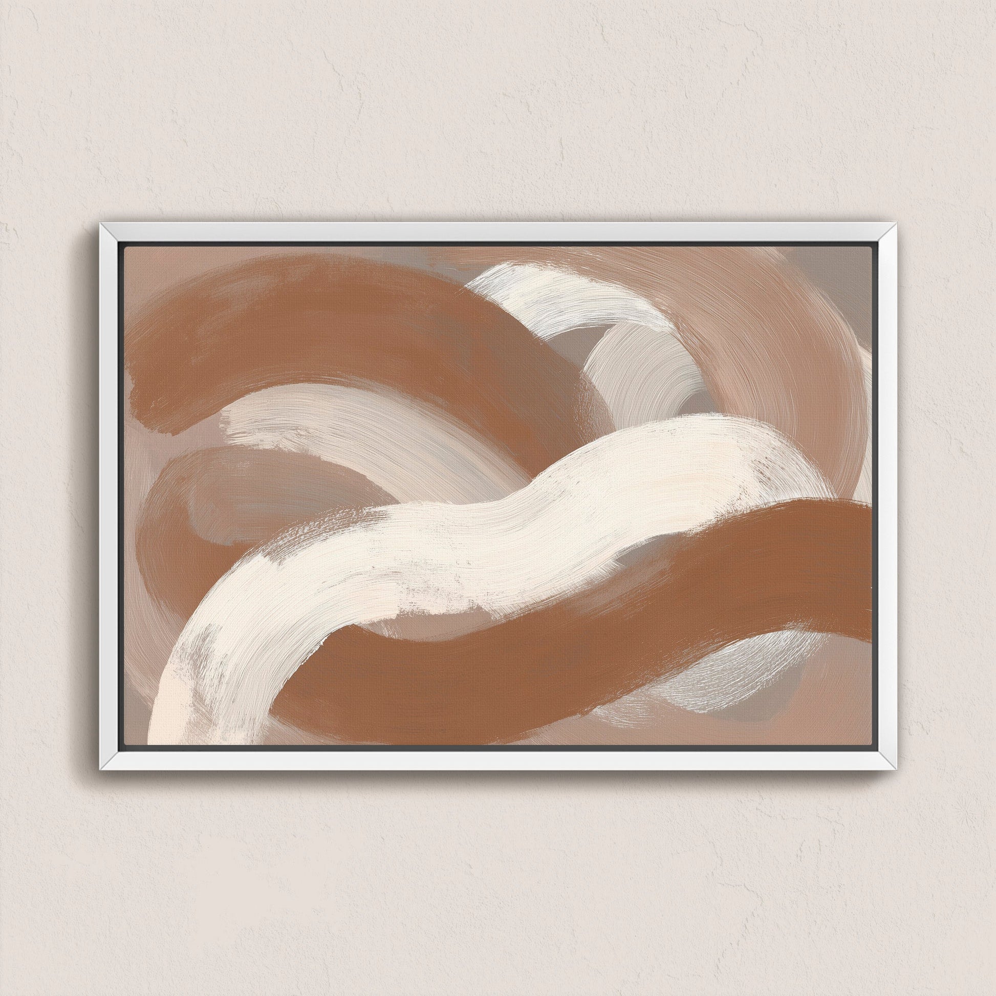Abstract Current Canvas Print with taupe, ivory, and sienna brushstrokes in a white frame on beige wall