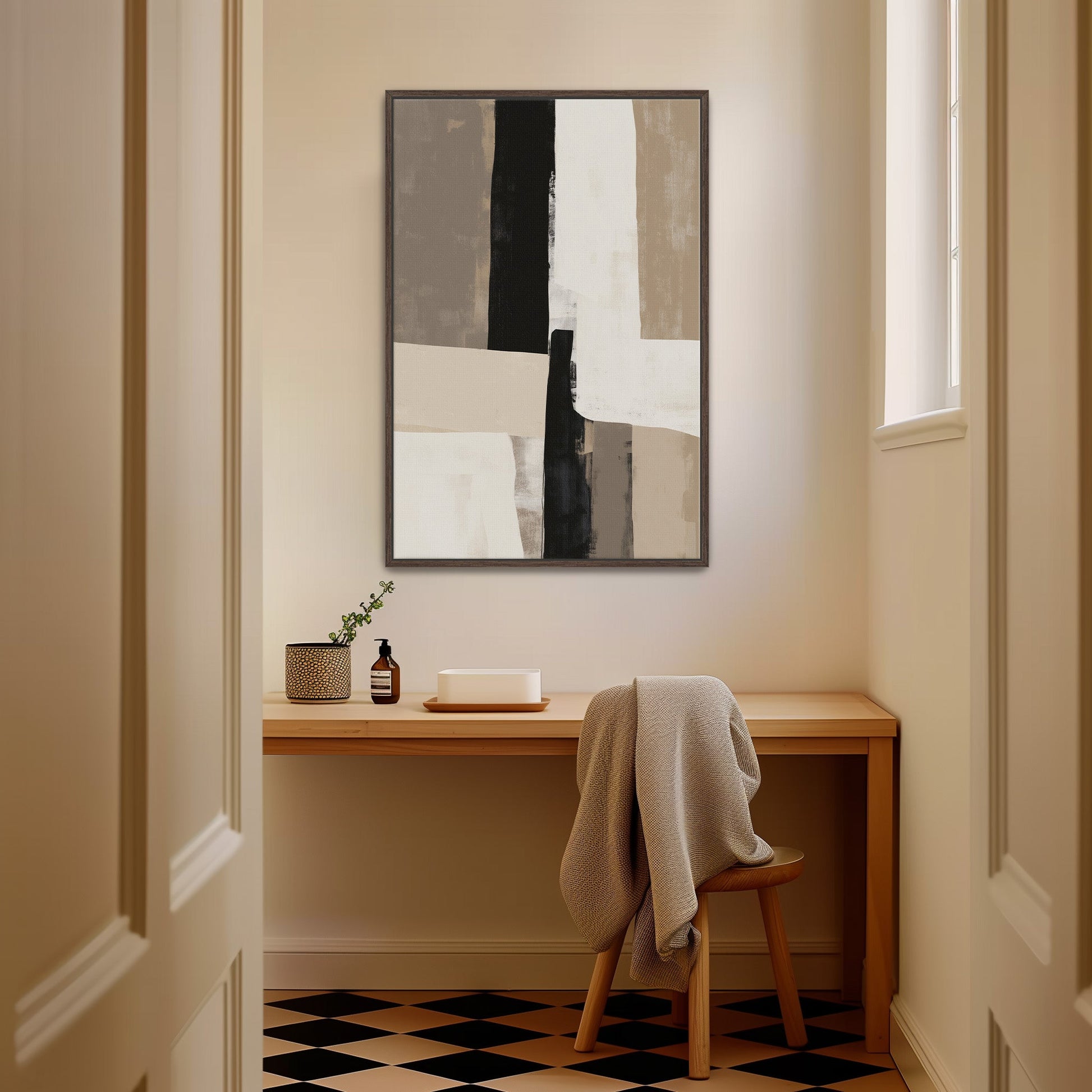 Align Canvas Print abstract art in neutral tones framed above wooden desk in minimalist room