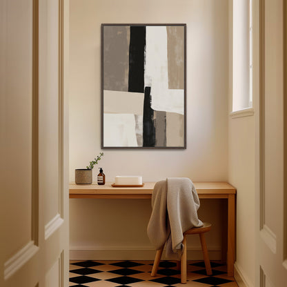 Align Canvas Print abstract art in neutral tones framed above wooden desk in minimalist room