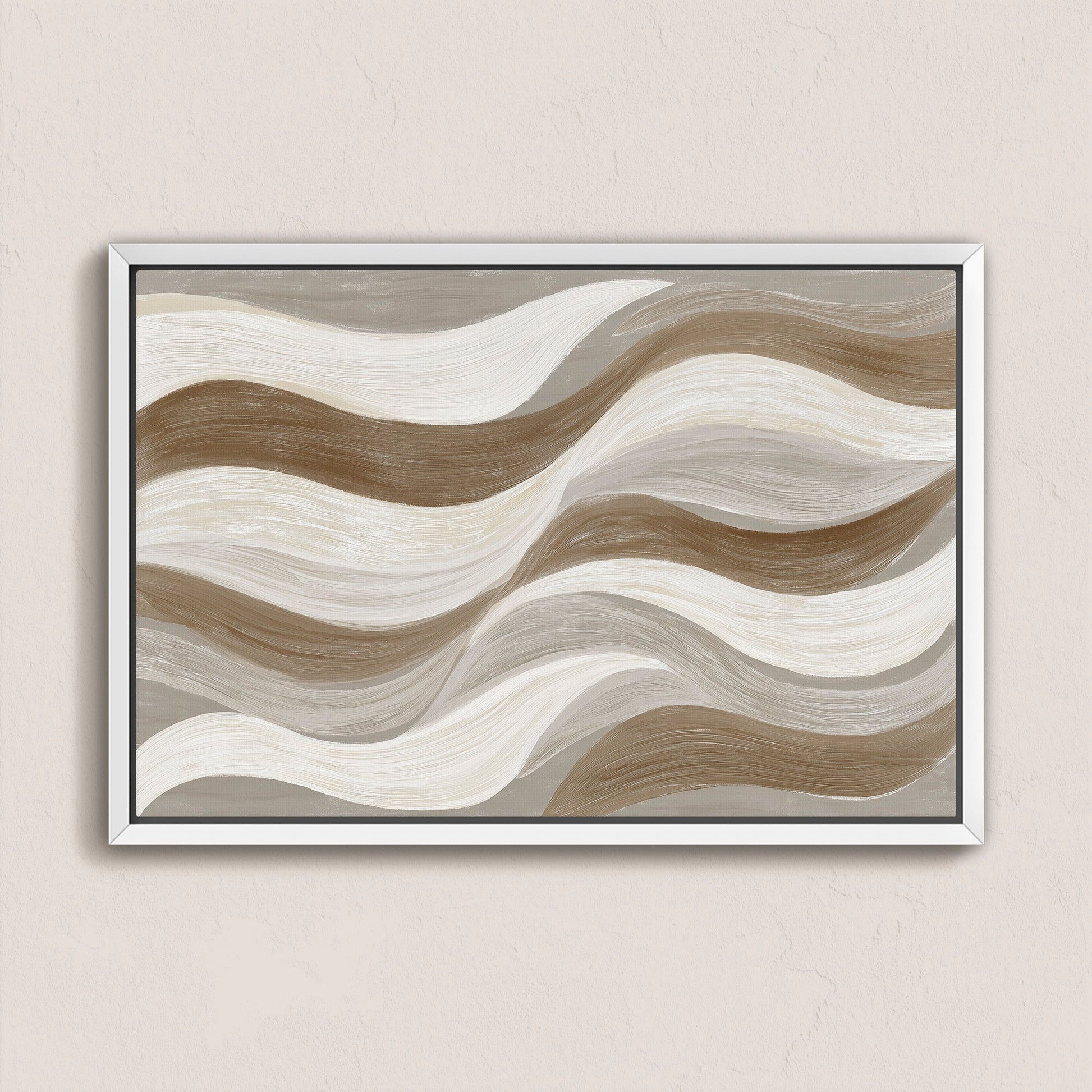Abstract Flux Canvas Print with cream, taupe, and clay wavy brushstrokes in a white frame