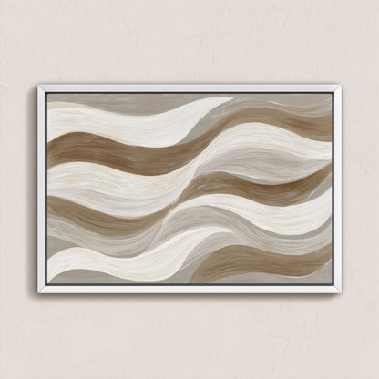 Abstract Flux Canvas Print with cream, taupe, and clay wavy brushstrokes in a white frame