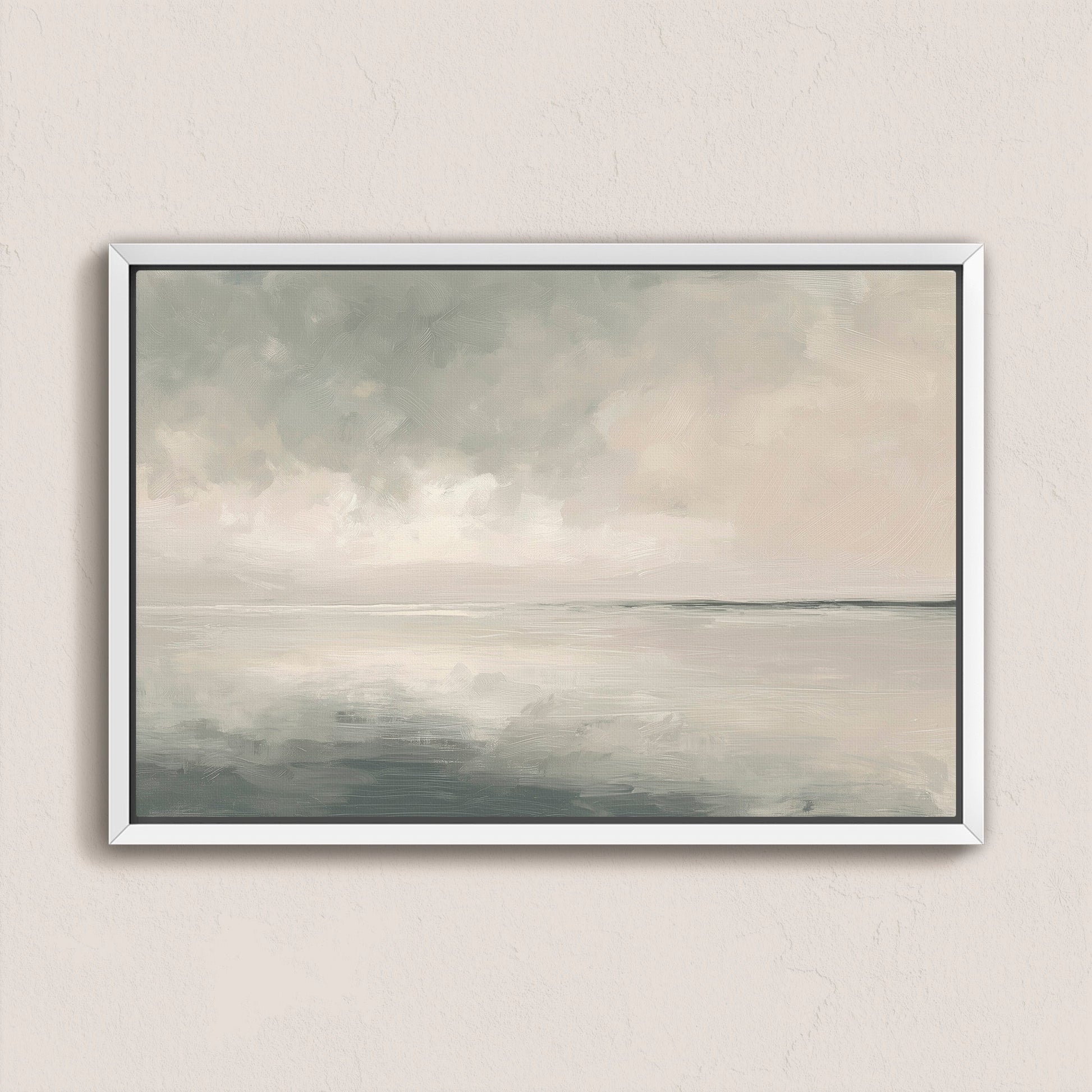 Aure Cavas Print serene sky and sea canvas with gentle neutral tones in white frame