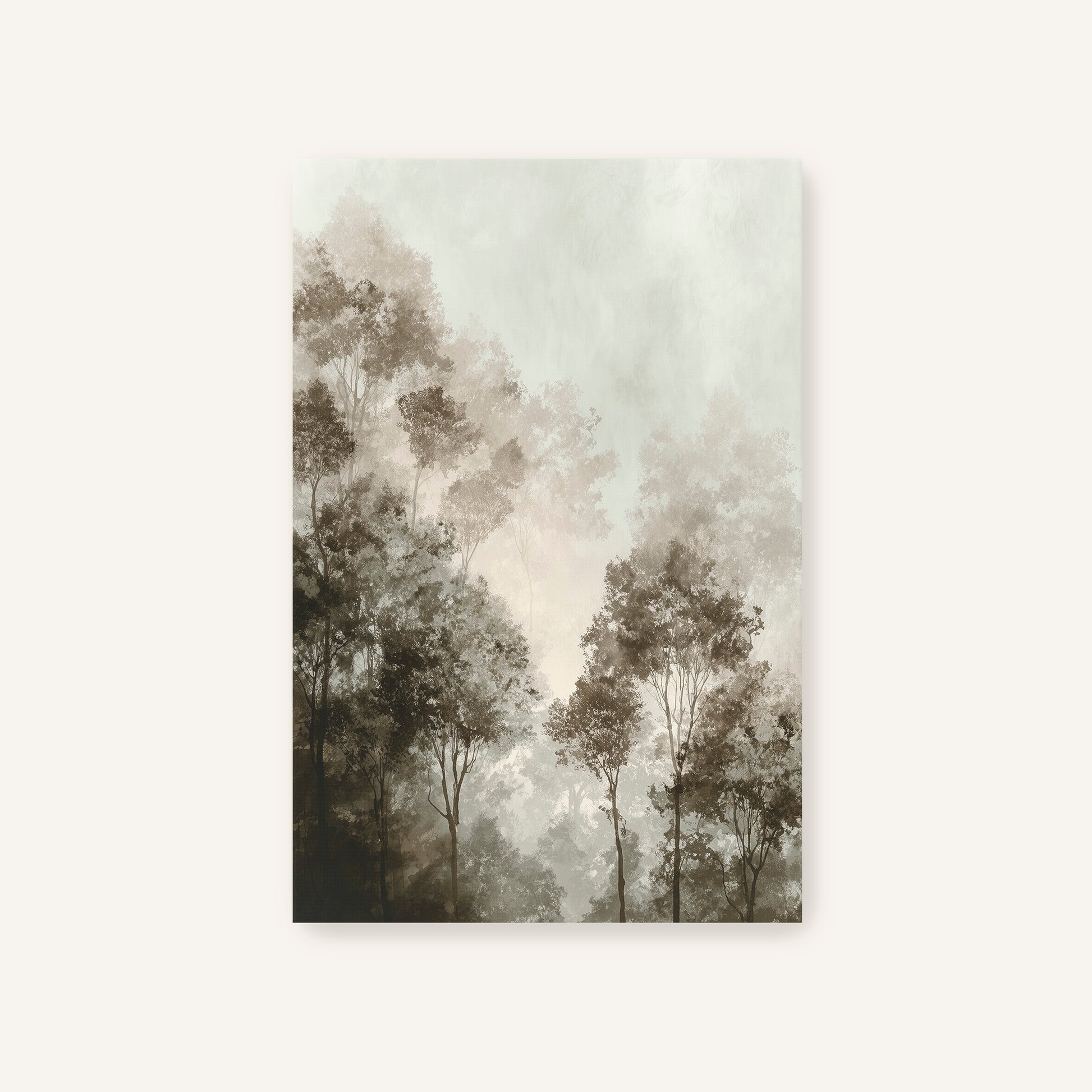 a serene forest scene with tall trees and a misty, hazy atmosphere.