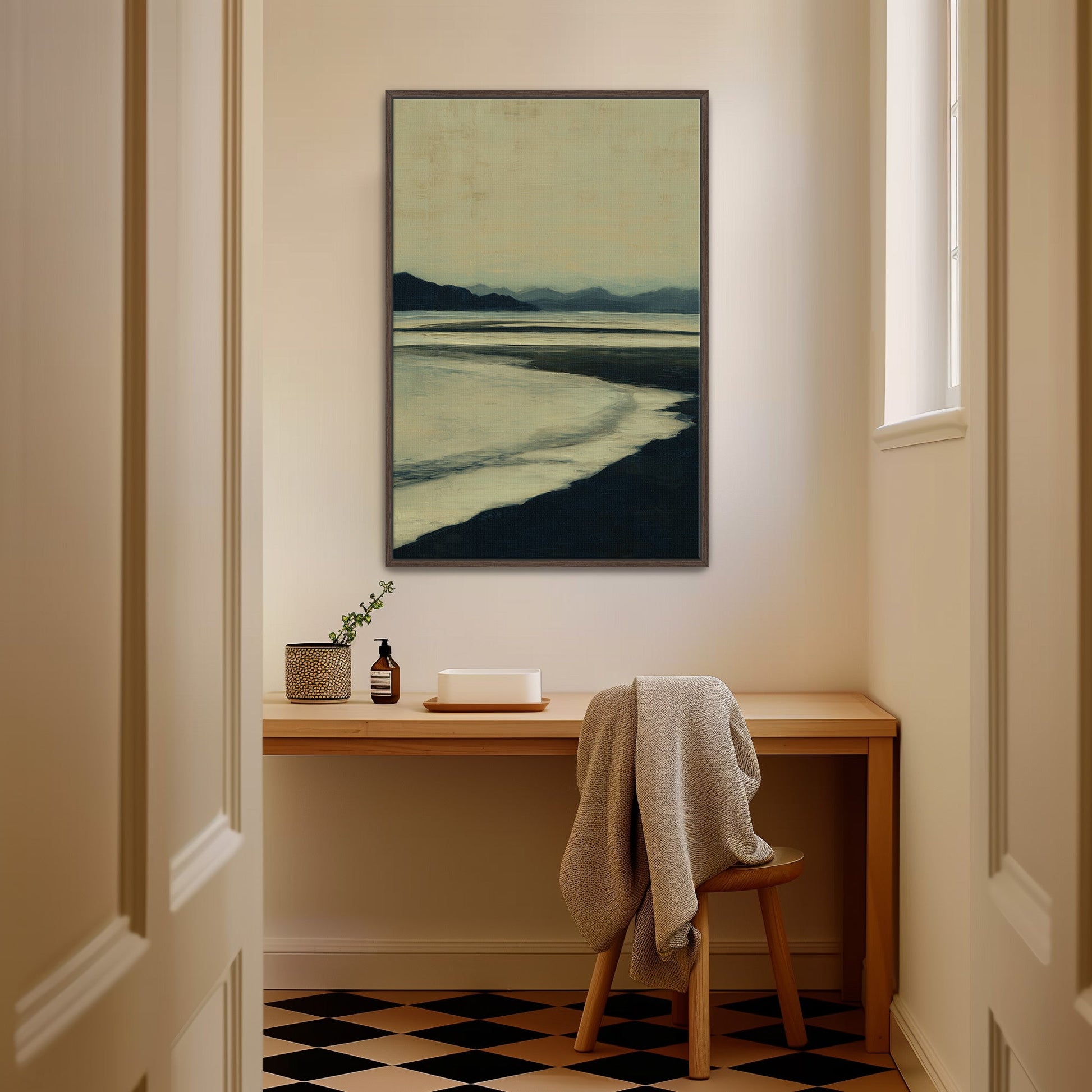 Echoes canvas print of hazy blue and ochre shoreline at dusk in minimal style hanging above wooden desk