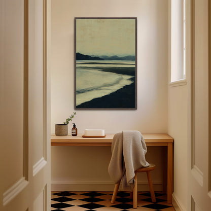 Echoes canvas print of hazy blue and ochre shoreline at dusk in minimal style hanging above wooden desk