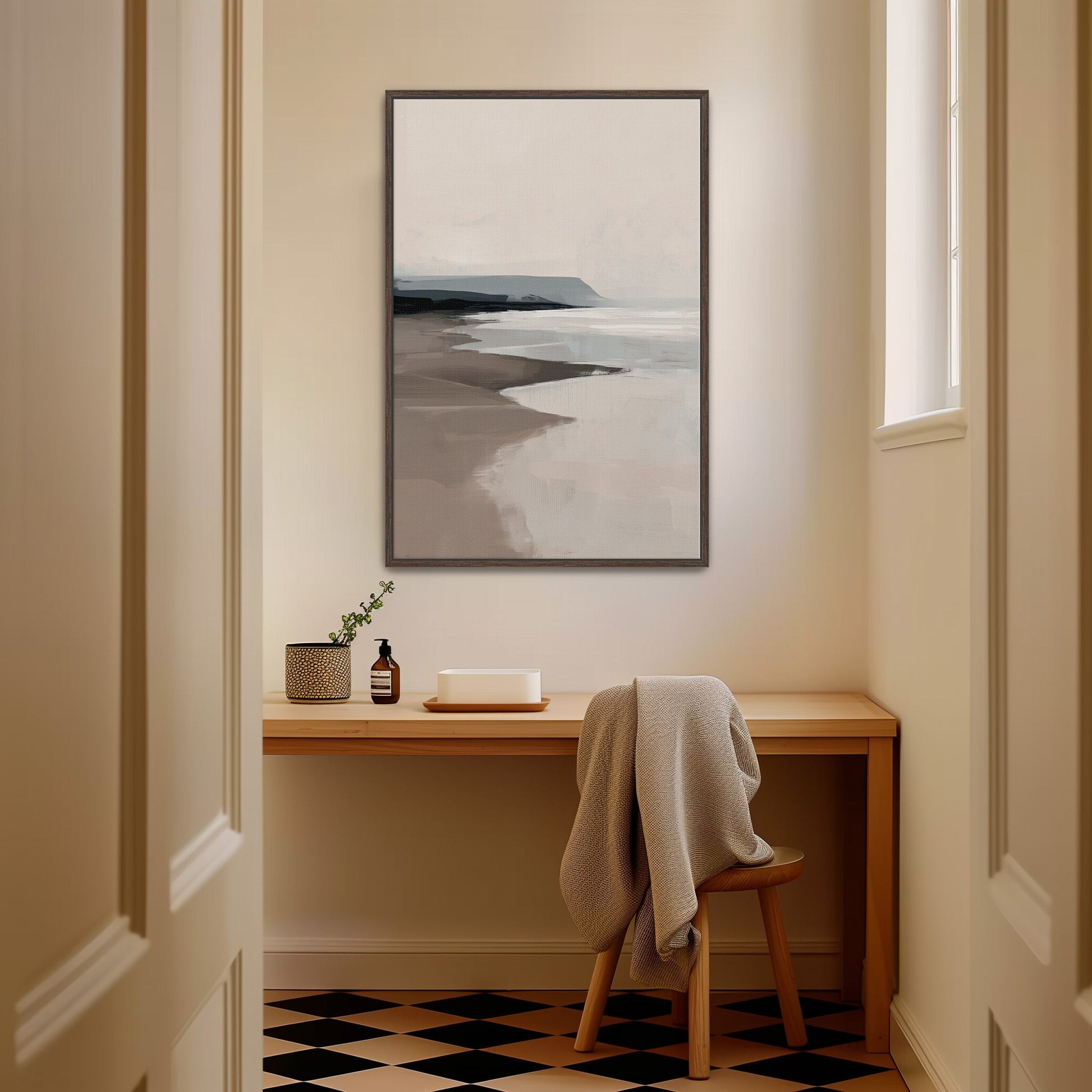 Mel Canvas Print serene coastal seascape in soft beige and gray tones on archival gallery-wrapped canvas with black frame in minimalist room