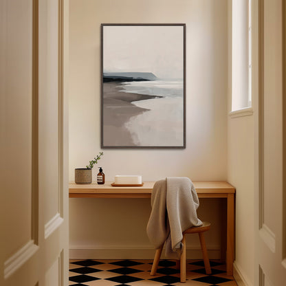 Mel Canvas Print serene coastal seascape in soft beige and gray tones on archival gallery-wrapped canvas with black frame in minimalist room
