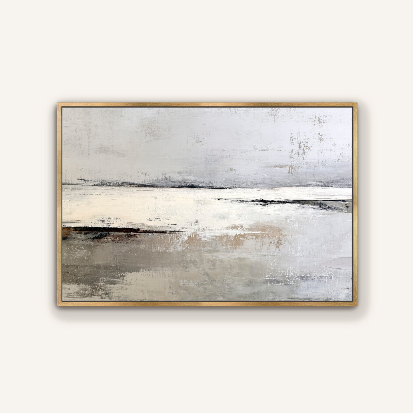 The image is a painting of a landscape with a hazy, gray sky and a calm body of water.