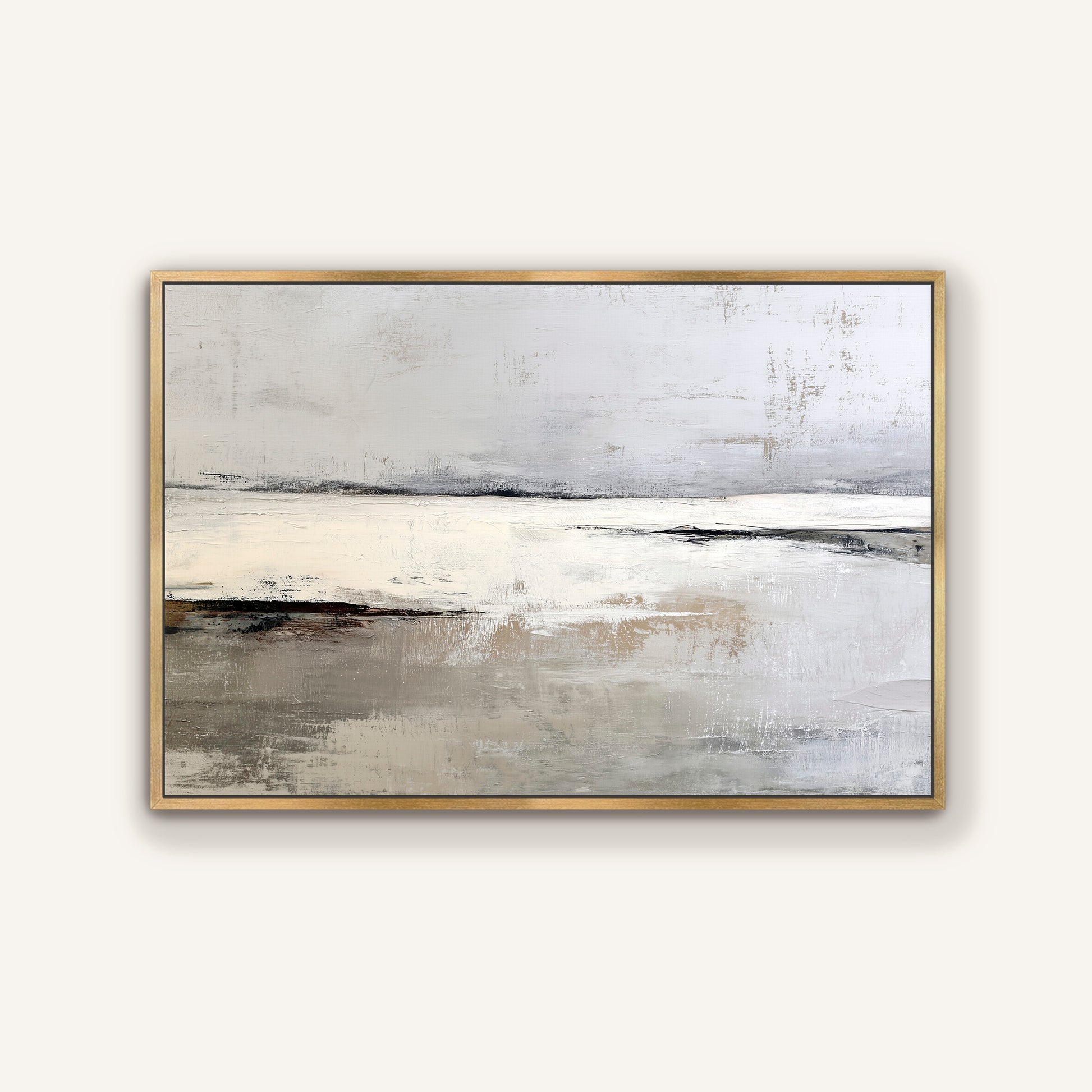 The image is a painting of a landscape with a hazy, gray sky and a calm body of water.
