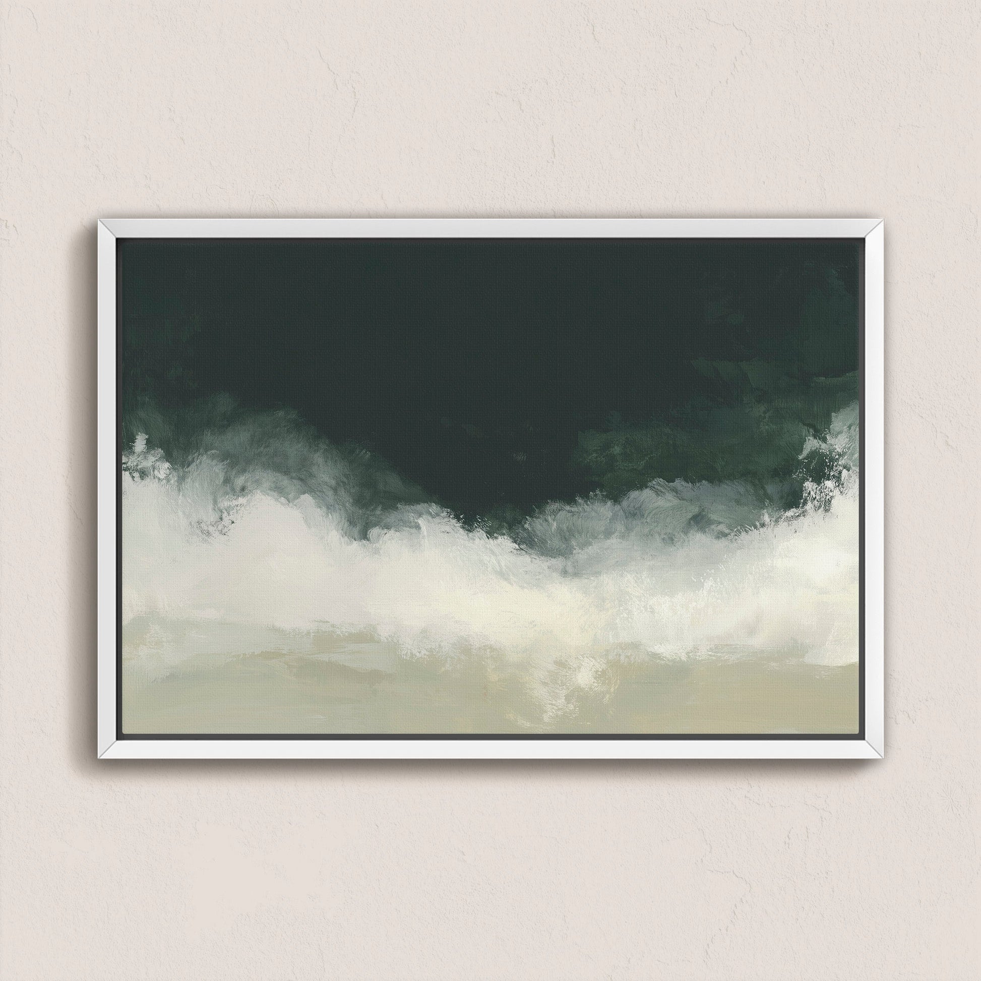 Surge Canvas Wall Art with deep emerald and soft white tones, abstract ocean-inspired design in a modern silver frame