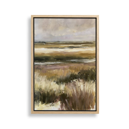 The image is a painting of a field with tall grass and a cloudy sky in the background.
