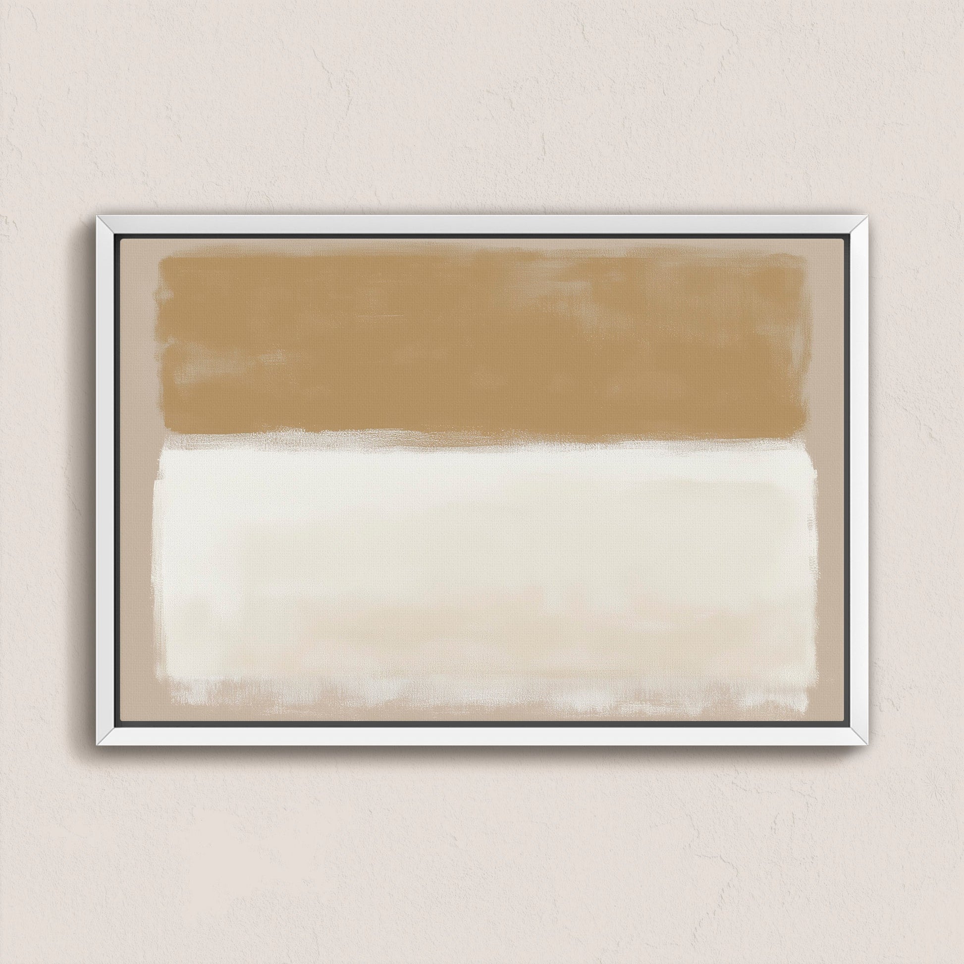 Sienna Canvas Print abstract art with warm golden and ivory tones in a white frame on wall