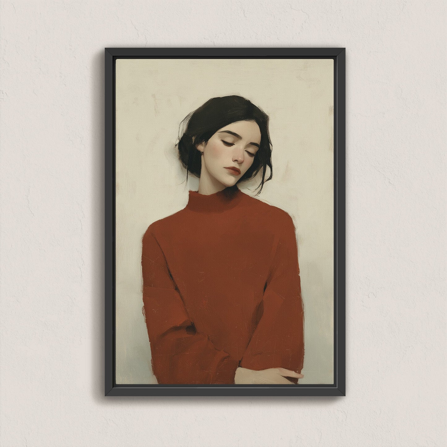 Madi canvas wall art featuring a serene woman in a deep red sweater with muted tones and painterly texture in a black frame