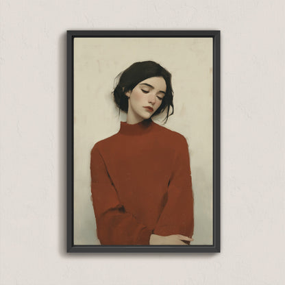 Madi canvas wall art featuring a serene woman in a deep red sweater with muted tones and painterly texture in a black frame