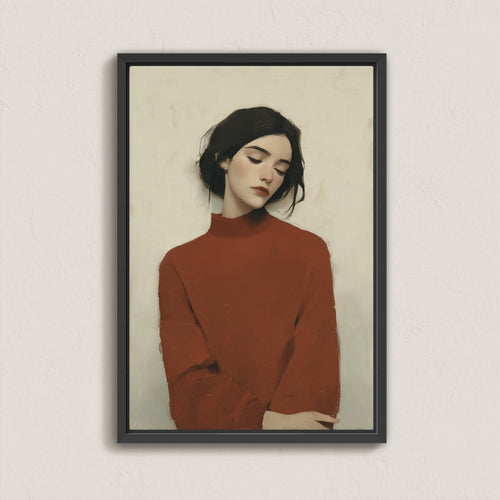 Madi canvas wall art featuring a serene woman in a deep red sweater with muted tones and painterly texture in a black frame
