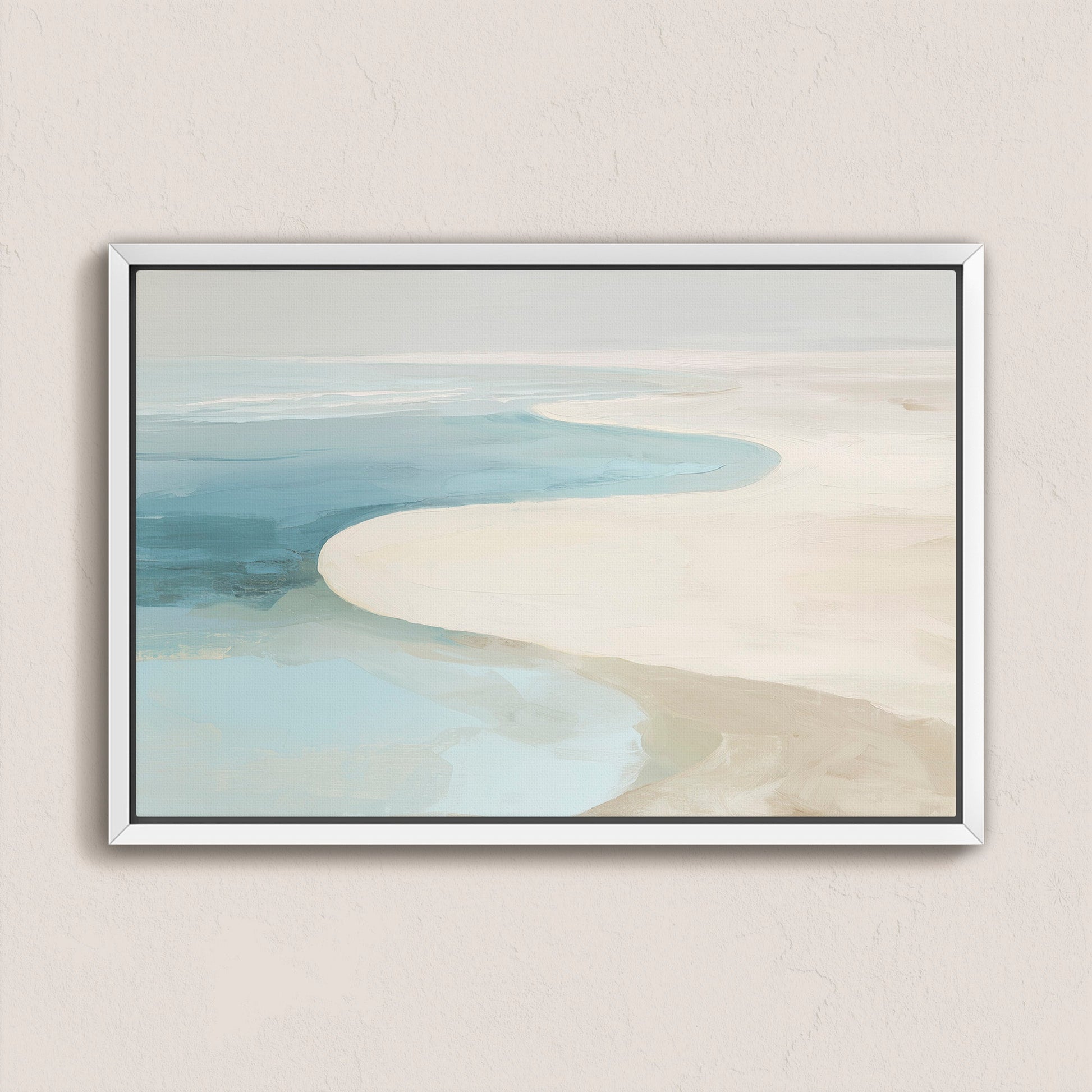 Tideway canvas wall art depicting a serene coastal scene with soft ivory, beige, and ocean blue tones in a minimalist style.