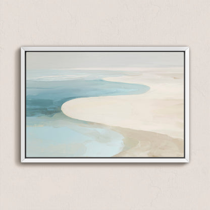 Tideway canvas wall art depicting a serene coastal scene with soft ivory, beige, and ocean blue tones in a minimalist style.
