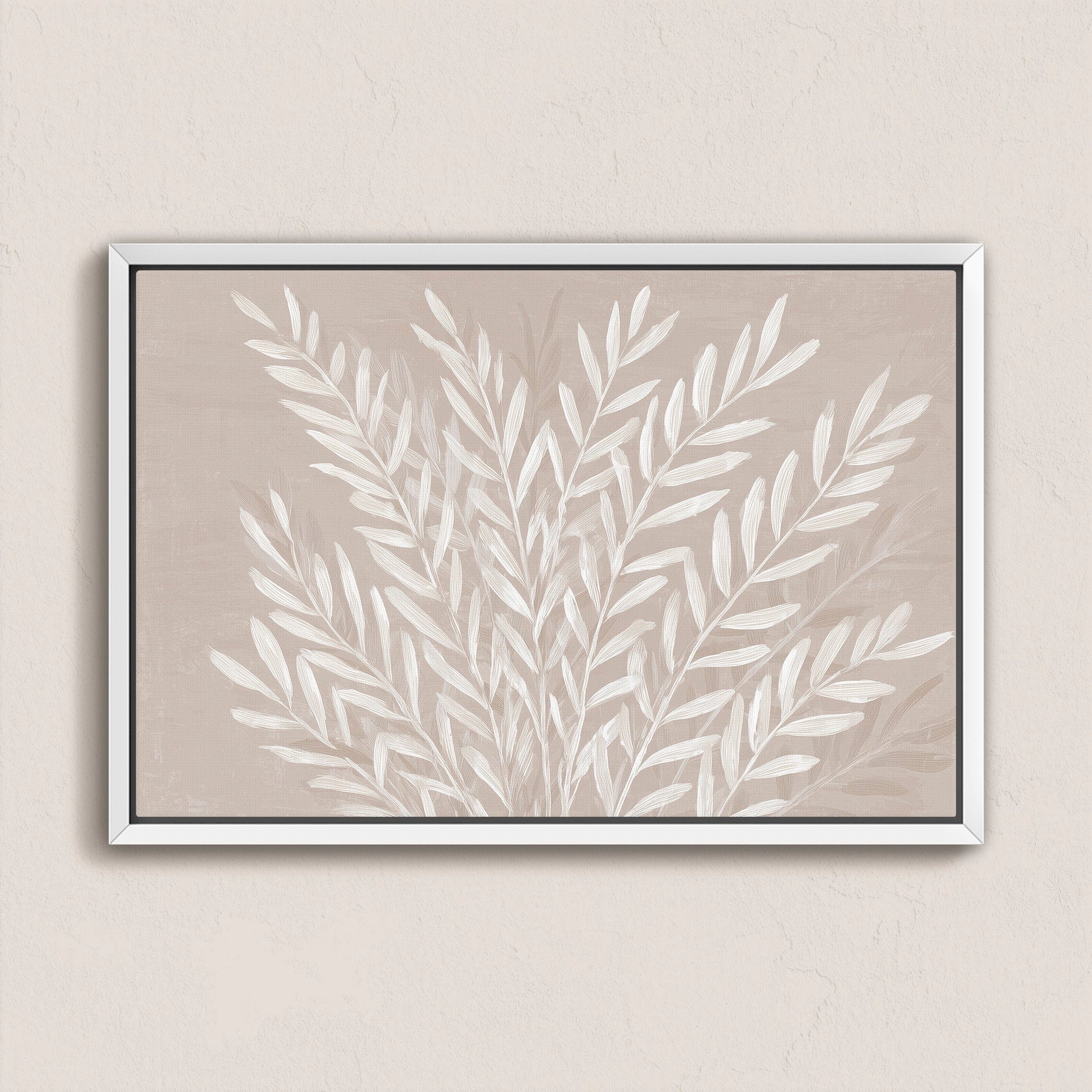 Whisper Canvas Print with slender ivory leaves on taupe background in minimalist botanical style