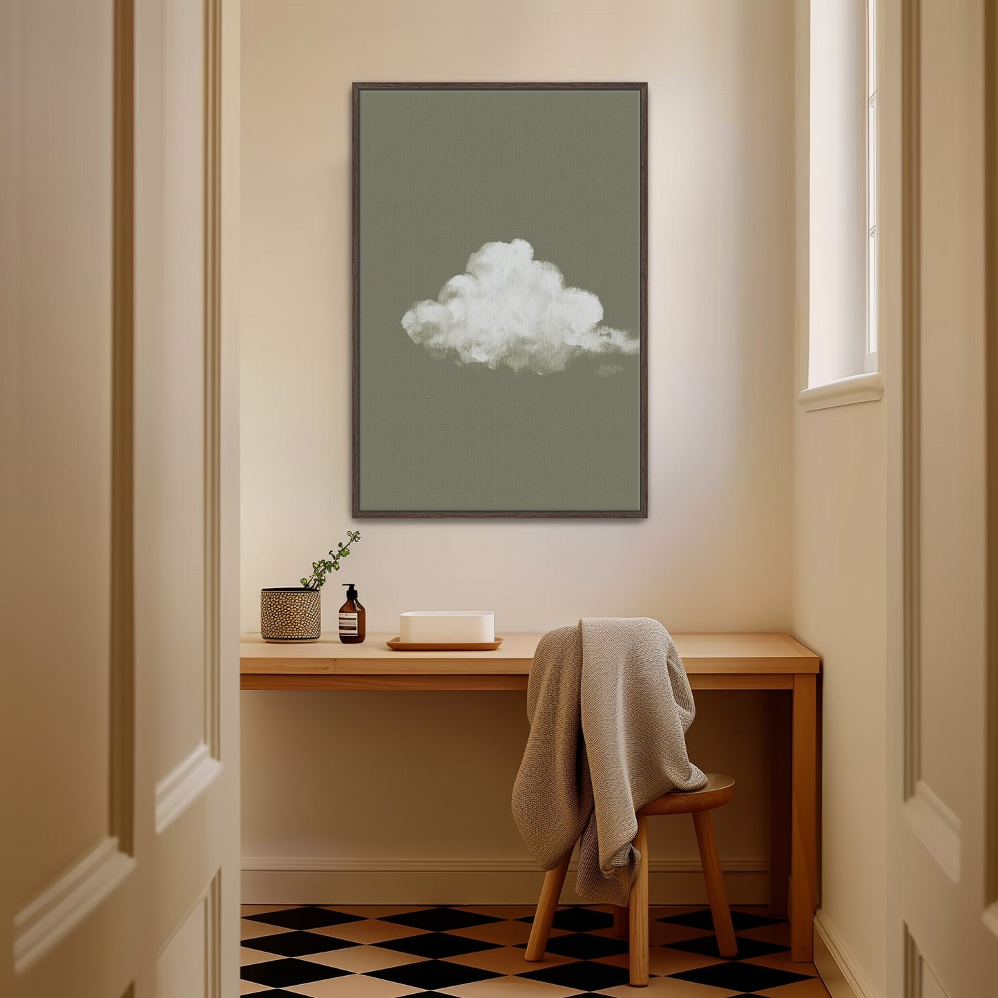 Trace Canvas Print of single white cloud on muted sage background in modern minimalist room