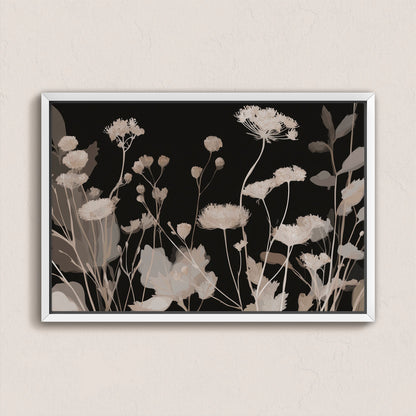 Shadow Bloom Canvas Art featuring delicate neutral wildflowers on a deep black background in a minimalist white frame