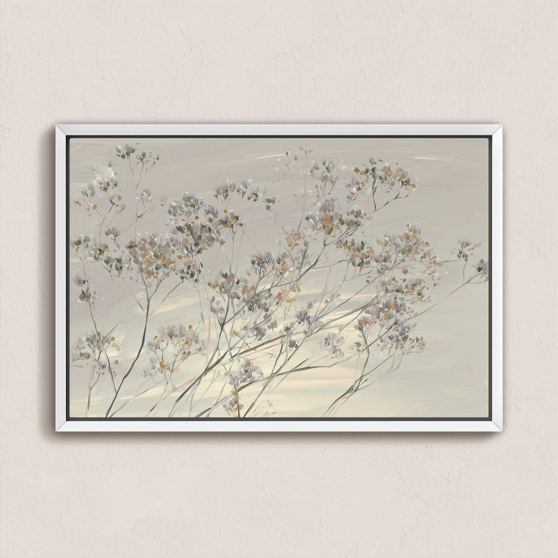 Breeze Wall Art featuring delicate wildflowers in muted tones on archival-grade canvas with a sleek white frame.