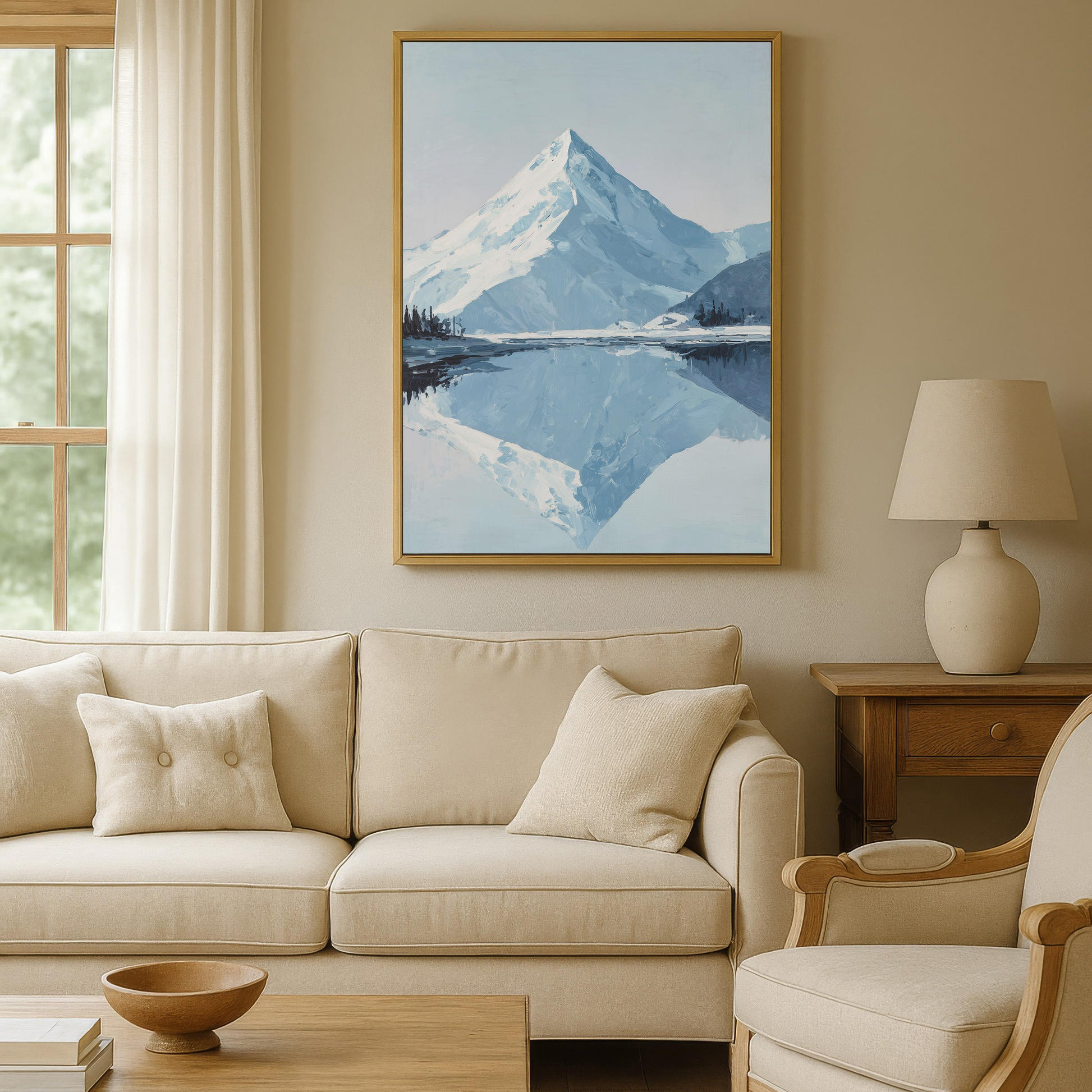 a cozy living room with a large painting of a mountain landscape hanging on the wall. The room is furnished with a beige sofa, a wooden coffee table, and a matching armchair. A lamp is also present in the room, providing warm lighting.