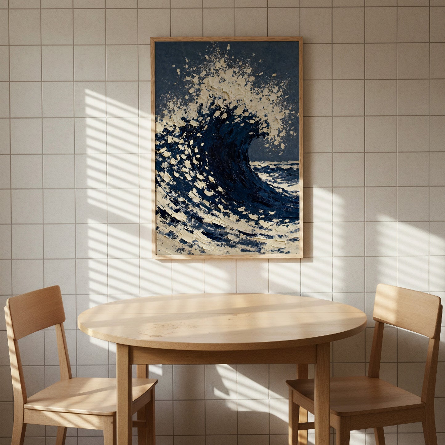 a wooden table with two chairs, and a framed painting of a large, crashing wave hangs on the wall above the table.
