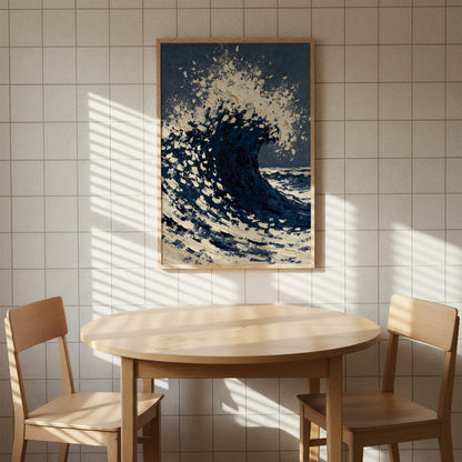 a wooden table with two chairs, and a framed painting of a large, crashing wave hangs on the wall above the table.