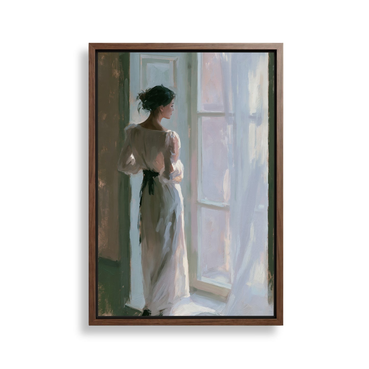 A woman in a long white dress stands in front of a window, gazing out at the world outside.