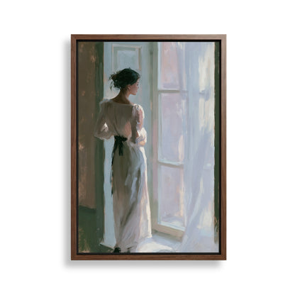 A woman in a long white dress stands in front of a window, gazing out at the world outside.
