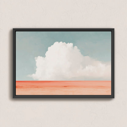 Aurea Canvas Wall Art depicting a lone white cloud over a coral desert horizon with a soft blue sky in a black frame
