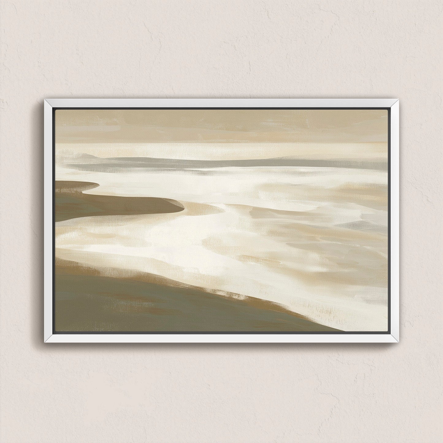 Emie canvas print of tranquil beige and olive coastal shoreline in a white frame