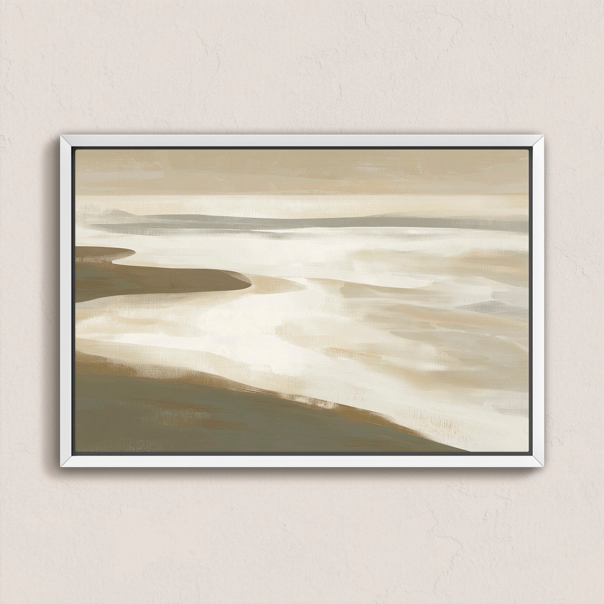 Emie canvas print of tranquil beige and olive coastal shoreline in a white frame